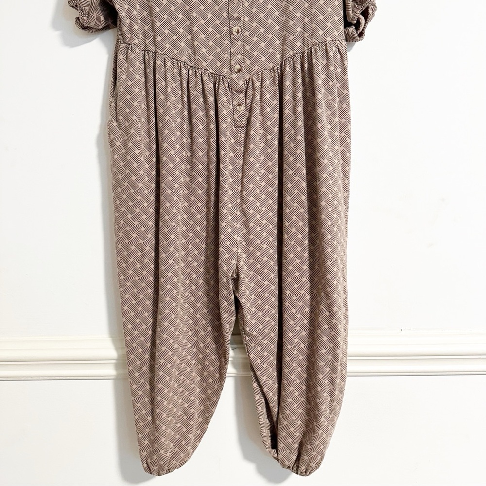 Kate Quinn Jumpsuit Button Front Brown Patterned Jogger Short Sleeve Cotton - Picture 4 of 5